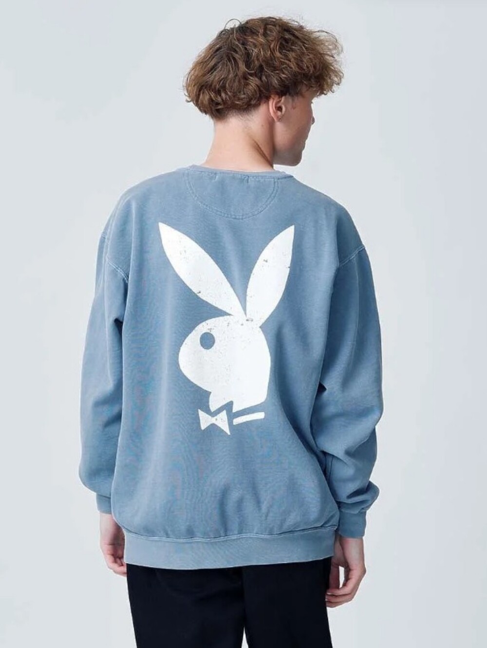 PLAYBOY Light Blue Men's Crewneck with Dark Navy Bunny Logo. Size S